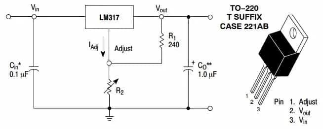 LM317 circuit and pinout