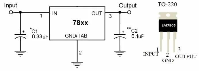 LM7805 circuit and pinout