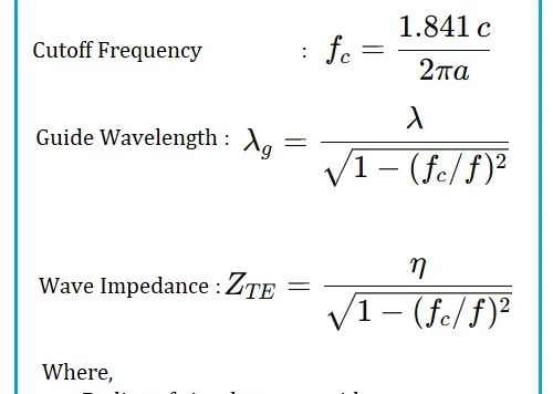 Air filled circular waveguide calculator and formula for TE11 mode