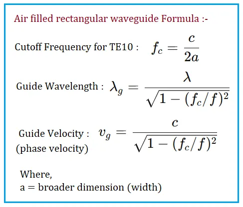 Air Filled Rectangular Waveguide Formula