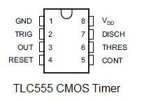 TLC555 Pinout and CMOS Timer Circuit Diagrams