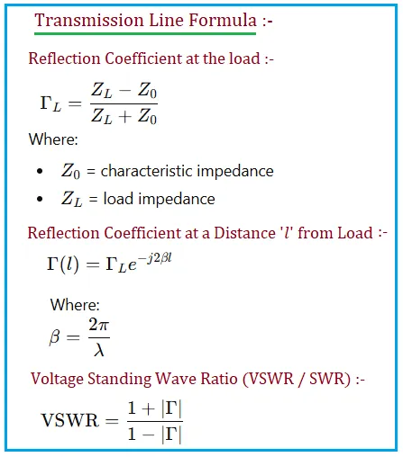 Transmission Line Calculator & Formula : Reflection coefficient, SWR