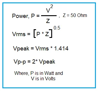 Power to Vrms,Vpeak,conversion formula